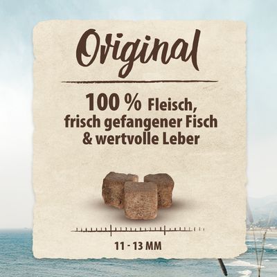 Original. 100 % Fleisch, frisch gefangener Fisch & wertvolle Leber. Würfelgrösse: 11-13 mm.