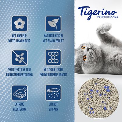 Tigerino Performance. Met Ambi Pur witte jasmijn geur, natuurlijke klei met blauw zeoliet, zeer effectieve geur- en bacteriebestrijding, enorme bindende kracht, extreme klontering, uiterst stofarm.
