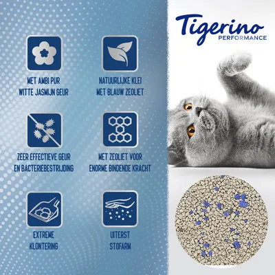 Tigerino Performance. Met Ambi Pur witte jasmijn geur, natuurlijke klei met blauw zeoliet, zeer effectieve geur- en bacteriebestrijding, enorme bindende kracht, extreme klontering, uiterst stofarm.