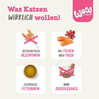 Was Katzen wirklich wollen: Getreidefreie Rezepturen, viel Fleisch oder Fisch, essentielle Fettsäuren, ohne Zuckerzusatz. Wow Cat Logo sichtbar.