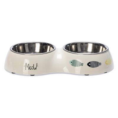 Duas taças de aço inoxidável com suporte de plástico bege, decoradas com motivos de peixe e inscrição 'Meow'.