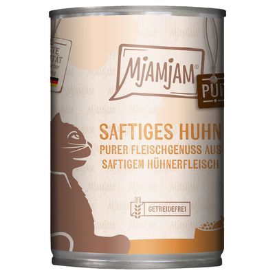 Mjamjam Saftiges Huhn, purer Fleischgenuss aus saftigem Hühnerfleisch, getreidefrei. Tekst in het Duits zichtbaar op verpakking.