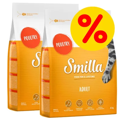 2 confezioni di Smilla Adult Poultry 4 kg, alimento per gatti adulti. Testo visibile: 'High acceptance', 'Contains taurine', 'Omega fatty acids', 'Yucca schidigera'. Simbolo percentuale.