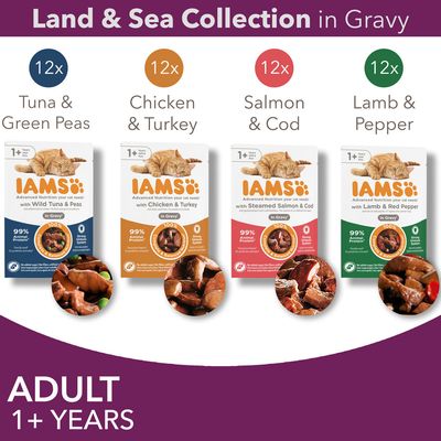 IAMS Land & Sea Collection in Gravy: 12x риба тон и грах, 12x пиле и пуйка, 12x сьомга и треска, 12x агнешко и пипер. За котки над 1 година. 99% животински протеин.