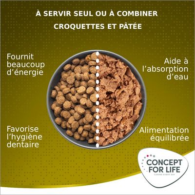 Sac de croquettes Concept for Life Mini Senior 1,5 kg, pour chiens âgés de 8 ans et plus, poids ≤10 kg. Texte visible : Special Formula X, Ideal weight maintenance, Promotes vitality, Supports kidney function.