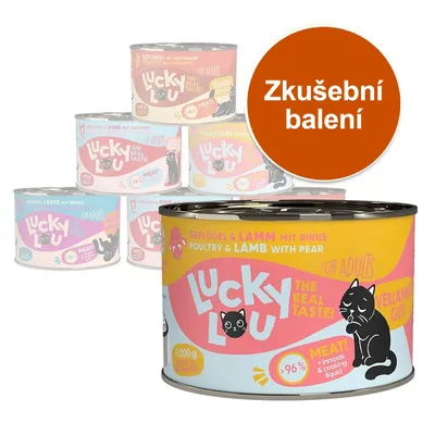 Zkušební balení konzerv Lucky Lou pro dospělé kočky, různé příchutě, viditelný text: 96 % MEAT, Geflügel & Lamm mit Birne, 200 g, The Real Taste! Zkušební balení konzerv Lucky Lou pro dospělé kočky, různé příchutě, viditelný text: 96 % MEAT, Geflügel & Lamm mit Birne, 200 g, The Real Taste!