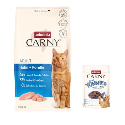Animonda Carny Adult poulet + truite, 65% viande et ingrédients animaux, 35% viande de poulet fraîche, 0% céréales, Made in Germany, sans sucre, avec viande fraîche.