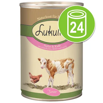 Lukullus Naturnkost für Hunde Junior Huhn & Kalb met haverflocken, wortel en lijnzaadolie, 400 g. Afbeelding toont verpakking en groene icoon met '24' voor 24-blik voordeelverpakking.