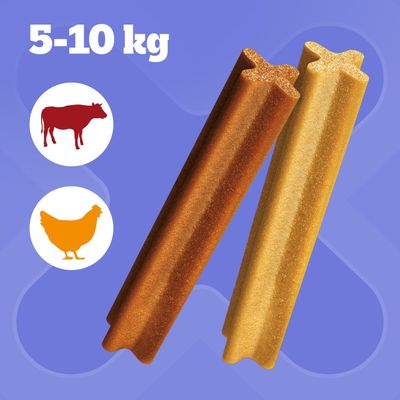 Kaksi puruherkkua, sopii 5–10 kg painaville koirille, symboleilla naudasta ja kanasta ainesosina.