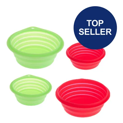 Zusammenklappbare Futterschalen in Grün und Rot, mit 'Top Seller'-Badge.