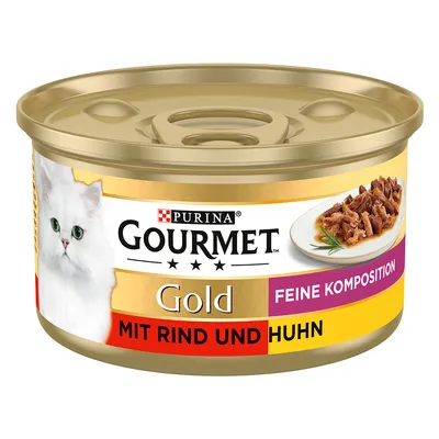 Purina Gourmet Gold Feine Komposition, mokré krmivo s hovězím a kuřecím, konzerva s obrázkem bílé kočky a podávaným masem. Purina Gourmet Gold Feine Komposition, mokré krmivo s hovězím a kuřecím, konzerva s obrázkem bílé kočky a podávaným masem.