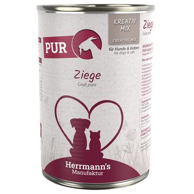 Blik Herrmann's Manufaktur PUR Ziege, Kreativ Mix, voor honden en katten. Tekst: Goat pure, Creative Mix, Ergänzungsfuttermittel. Afbeelding hond en kat in hartvorm.
