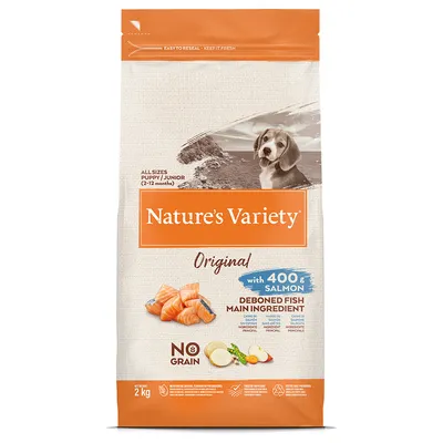 Nature's Variety Original dla szczeniąt i młodych psów, filetowana ryba jako główny składnik, 400g łososia, bez zbóż, opakowanie 2kg.