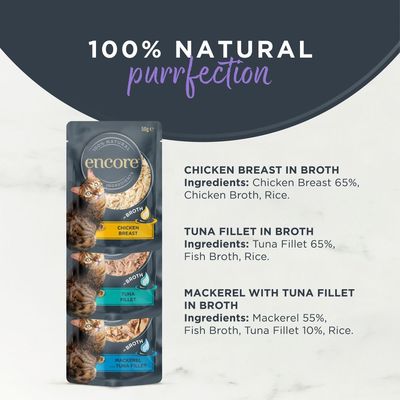 Encore Finest Selection cat food, 100% natural ingredients, varieties: 4x chicken breast, 3x tuna fillet, 3x mackerel with tuna fillet. Pack contains 20 pouches.