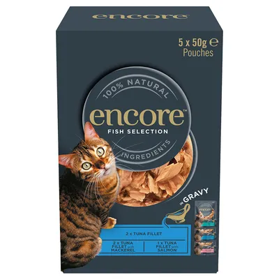 Encore Fish Selection, 5 x 50 г паучей, 100% натуральные ингредиенты, виды: филе тунца, тунец с макрелью, тунец с лососем в соусе.