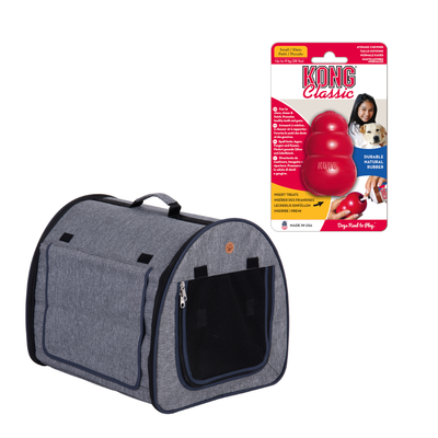 Lot avec jouet rouge KONG® et caisse de transport grise en tissu, symbole pourcentage indiquant une offre promotionnelle visible en haut à droite.