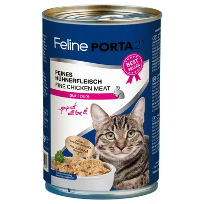 Feline Porta 21 fino piščančje meso, čisto. Brez dodanega sladkorja. Predlog za serviranje: skleda s piščančjim mesom. Prikazana mačka.