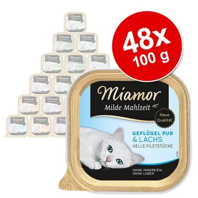 Miamor Milde Mahlzeit -kissanruoka, Geflügel Pur & Lachs, 48 x 100 g annospakkausta. Pakkauksessa teksti: Neue Qualität, Ohne Innereien, Ohne Leber.