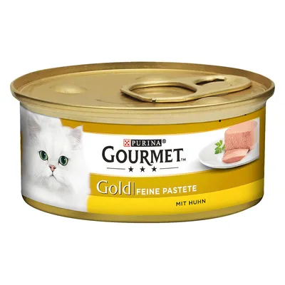 Purina Gourmet Gold Fin Paté med kyckling, burk med gyllene förpackning och bild på en vit katt.