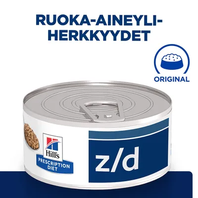 Hill's Prescription Diet z/d -säilykeruoka, teksti: ruoka-aineyliherkkyydet, Original-symboli kannen yläpuolella Hill's Prescription Diet z/d -säilykeruoka, teksti: ruoka-aineyliherkkyydet, Original-symboli kannen yläpuolella