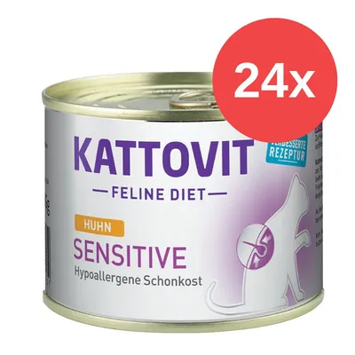 Kattovit Feline Diet Sensitive mit Huhn, hypoallergene Schonkost, verbesserte Rezeptur, 24x Dose. Kattovit Feline Diet Sensitive mit Huhn, hypoallergene Schonkost, verbesserte Rezeptur, 24x Dose.
