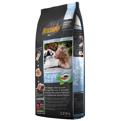 Balení krmiva Belcando Puppy Gravy holistic, 15 kg. Viditelný text: Instant Sauce, Extra Frischfleisch, 80 % tierisches Eiweiß, 60 % Geflügel, 15 % Fisch. Obraz štěněte a dítěte. Balení krmiva Belcando Puppy Gravy holistic, 15 kg. Viditelný text: Instant Sauce, Extra Frischfleisch, 80 % tierisches Eiweiß, 60 % Geflügel, 15 % Fisch. Obraz štěněte a dítěte.