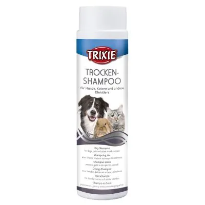 Flacone di TRIXIE Trockenshampoo, testo visibile: 'für Hunde, Katzen und andere Kleintiere', immagini di cane, gatto e coniglio sulla confezione.