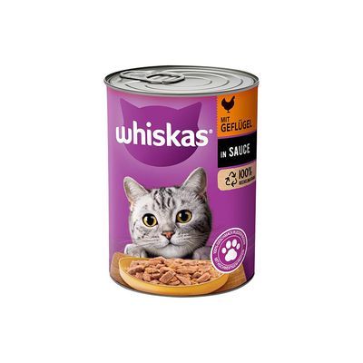 Whiskas kattenvoer blik, paarse verpakking met afbeelding van een grijze kat, tekst: 'mit Geflügel in Sauce', 100% recyclebaar. Productnaam en soort duidelijk zichtbaar.