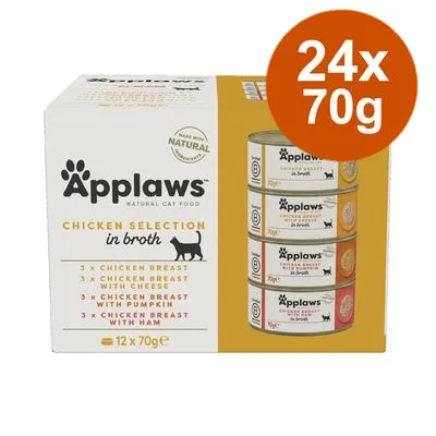 Applaws Chicken Selection in broth, 24x70g. Synliga smaker: Chicken Breast, Chicken Breast with Cheese, Chicken Breast with Pumpkin, Chicken Breast with Ham. 100 % naturliga ingredienser.