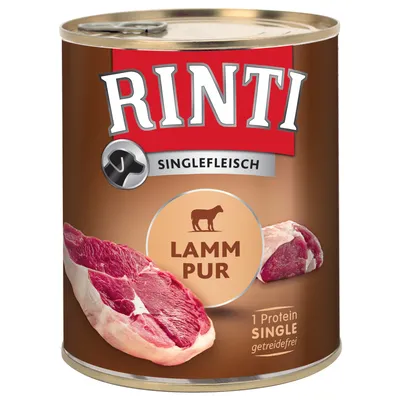 RINTI Singlefleisch Lamm Pur -koiranruokapurkki, etiketissä lampaanlihan kuva ja tekstit: 1 Protein Single, getreidefrei.