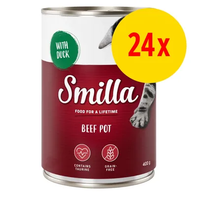 Smilla Beef Pot med anka, 400 g burk. Text: Food for a lifetime, contains taurine, grain-free. Stor gul cirkel med röd text: 24x.