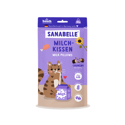 Sanabelle Milch-Kissen Milk Pillows, hrustljavi in kremasti, sijoča dlaka, brez žit, brez dodanega sladkorja, 55 g, izdelano v Nemčiji s srcem.