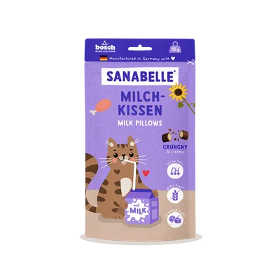 Sanabelle Milch-Kissen Milk Pillows, hrustljavi in kremasti, sijoča dlaka, brez žit, brez dodanega sladkorja, 55 g, izdelano v Nemčiji s srcem.