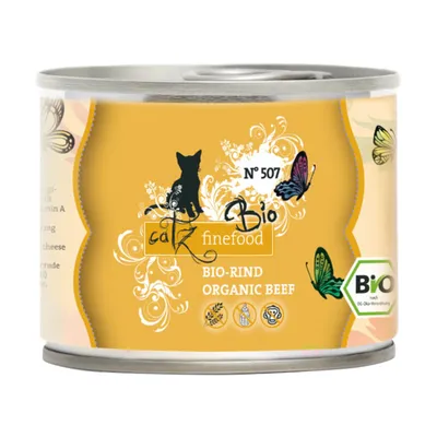 catz finefood Bio N° 507, BIO-RIND ORGANIC BEEF, Bio-certificering synlig på dåsen. Gul etiket med silhuet af kat og sommerfugle. Tekst på både tysk og engelsk.