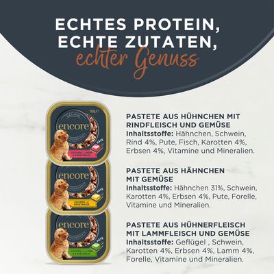 Encore Meat Selection Pâté, 5 x 150g Trays. Sorten: 2x Chicken mit Rind & Gemüse, 2x Chicken mit Gemüse, 1x Chicken mit Lamm & Gemüse. Hergestellt aus natürlichen Zutaten.