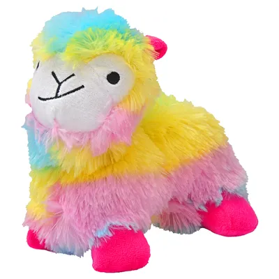 Plüschspielzeug in Form eines bunten Lamas mit gelbem, blauem, pinkem und grünem Fell sowie pinken Füssen.