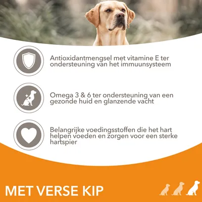 Antioxidantmengsel met vitamine E voor immuunsysteem, omega 3 & 6 voor huid en vacht, voedingsstoffen voor hart. Met verse kip.
