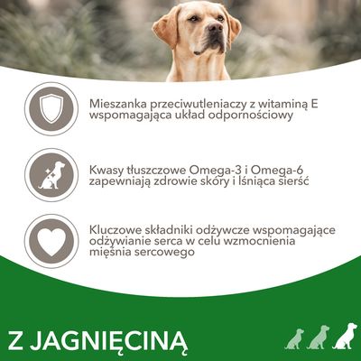 Mieszanka przeciwutleniaczy z witaminą E, kwasy tłuszczowe Omega-3 i Omega-6 oraz składniki odżywcze wspomagające serce. Z jagnięciną.