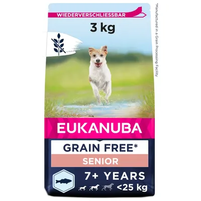 Eukanuba Grain Free Senior dry dog food, 3 kg pack, for dogs aged 7+ years and under 25 kg. Fish icon shown. Text: 'Manufactured in a Grain Processing Facility'. Eukanuba Grain Free Senior dry dog food, 3 kg pack, for dogs aged 7+ years and under 25 kg. Fish icon shown. Text: 'Manufactured in a Grain Processing Facility'.