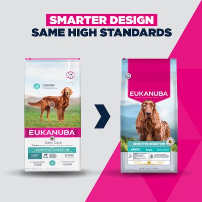 EUKANUBA Daily Care Sensitive Digestion koiran kuivaruoka, aikuisille S–XL-rotujen koirille, kaikki painot, 2,3 kg. Teksti: Premium dry food, Sensitive Digestion, Adult +1 Years.