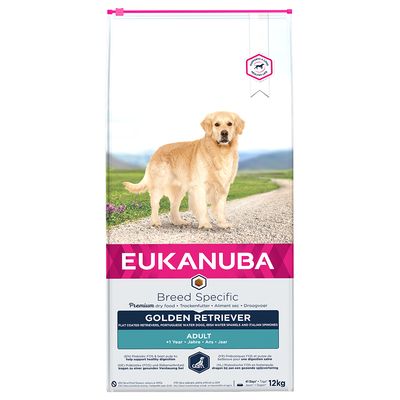 Eukanuba Breed Specific Golden Retriever Adult -kuivaruokapakkaus, 12 kg. Teksti: Premium dry food, +1 Year, maininta muista roduista, englanninkieliset ravintotiedot alareunassa.
