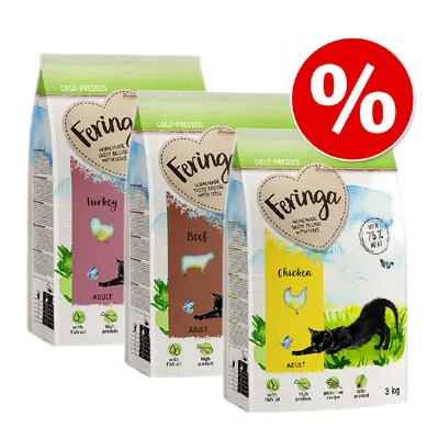 Feringa Trockenfutter für Katzen, Sorten: Turkey, Beef, Chicken. Mit 75% Fleischanteil, kaltgepresst, getreidefrei, mit Fischöl, hoher Proteingehalt. Rabatt-Symbol sichtbar.