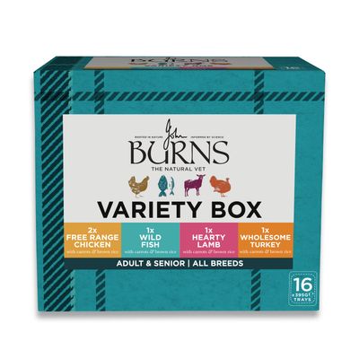 Burns Free Range Chicken sárgarépával és barna rizzsel. Felnőtt és idős kutyáknak, minden fajtának. Dr. John Burns állatorvos által fejlesztve. 16 x 395g tálcás csomag.