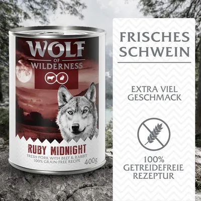 Wolf of Wilderness Ruby Midnight, frisches Schwein mit Rind und Kaninchen, 100% getreidefreie Rezeptur, extra viel Geschmack, 400g Dose.