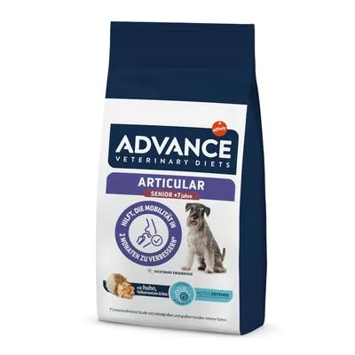 ADVANCE Veterinary Diets Articular Senior <7 Jahre hondenvoer, zichtbaar: met kip, volkorenrijst & vis, helpt mobiliteit in 2 maanden te verbeteren. Hond en ingrediënten afgebeeld.