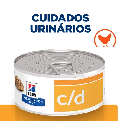 Hill's Prescription Diet c/d, cuidados urinários, lata de comida húmida com símbolo de frango visível no rótulo. Hill's Prescription Diet c/d, cuidados urinários, lata de comida húmida com símbolo de frango visível no rótulo.