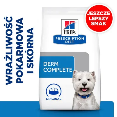 Hill's Prescription Diet Derm Complete Original. Wrażliwość pokarmowa i skórna. Jeszcze lepszy smak. Opakowanie z wizerunkiem psa.