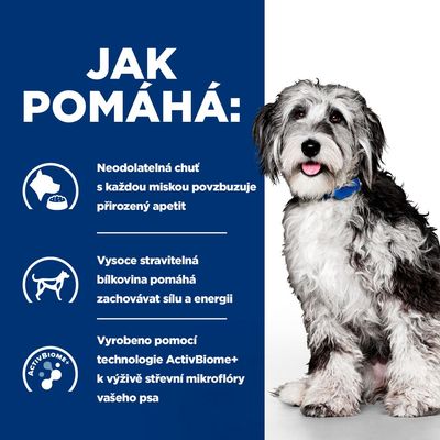 Text v češtine: Jak pomáhá: Neodolatelná chuť s každou miskou povzbuzuje přirozený apetit, vysoce stravitelná bílkovina pomáhá zachovávat sílu a energii, technologie ActivBiome+.