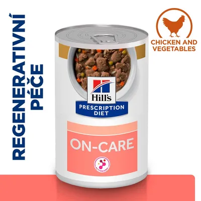 Hill's Prescription Diet ON-CARE, konzerva s kúskami mäsa a zeleniny. Text: REGENERATIVNÍ PÉČE, CHICKEN AND VEGETABLES. Značka Hill's viditeľná na etikete.
