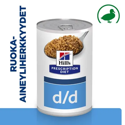 Hill's Prescription Diet d/d -säilyketölkki, etiketissä teksti 'RUOKA-AINEYLIHERKKYYDET' ja vihreä ankkasymboli. Purkin kyljessä näkyy ruoka-annos lusikassa.